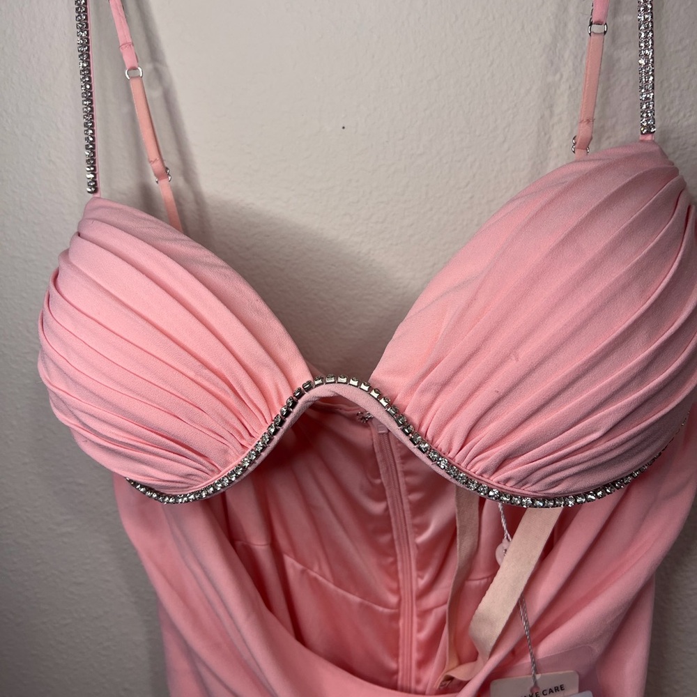 Oh Polly Blush Pink Draped Bodycon Dress with Embellished Straps - Picture 3 of 12